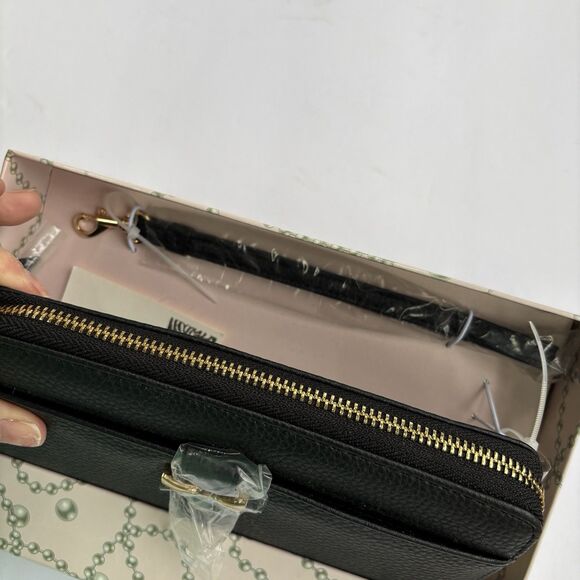 New Anne Klein Women’s Zip-Around Wristlet Wallet Black With Gold Colored Bow - Picture 4 of 10